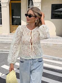2026 Blusa de manga larga con mangas de farol, cuello redondo, bordado frontal y lazo, para mujer, estilo casual de vacaciones, para otoño e invierno, elegante, para salir, para oficina, para brunch, para Halloween, para homecoming - Albaricoque - Ver 3