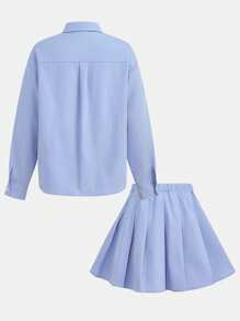 Tween Girl Casual Solid Color Polo Collar Crop Top & Pleated Skirt Co-Ord Set - Blue - View 7