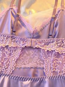 DelicateAllure Sexy Backless Lace Splice Color Block Satin Chemise