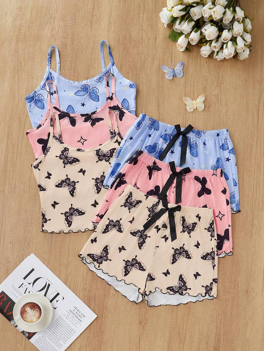 SHEIN 3pcs Young Casual Butterfly Print Camisole Short Pajama Set, Multi-Color Summer Pajama Set Women Pajama Shorts Set Butterfly Pajama Set Bow Pajama Set Summer Pj Sets - Multicolor - View 1