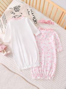 Bộ 3 món đồ ngủ dài tay in nơ thanh lịch tối giản cho trẻ sơ sinh kèm băng đô, đồ ngủ - Hồng - Xem 2
