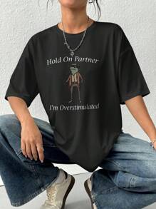 SHEIN EZwear 大码女式标语印花短袖休闲宽松圆领 T 恤