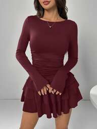 SHEIN EZwear Abito elegante da donna a maniche lunghe con balze sul bordo in colore rosso vino