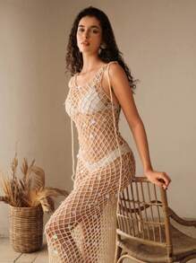 Anewsta Elegant High-End Handmade Beaded Sheer Back Cover Up, Fashion & Sophisticated For Summer Beach Vacation - Apricot - View 7