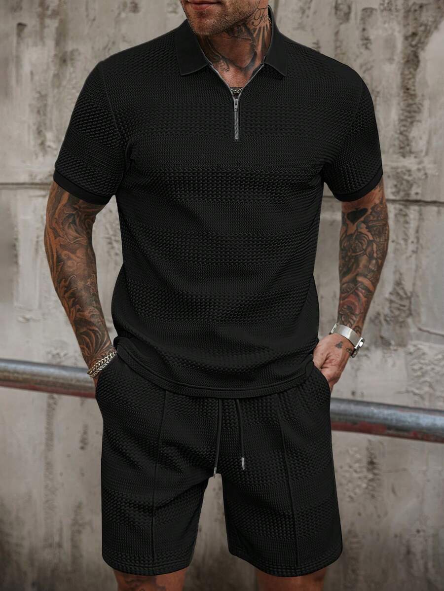 Manfinity CasualCool Men's Summer Casual Solid Color Textured Fabric Half Zip Short Sleeve Polo Shirt & Shorts Set - Black - View 1