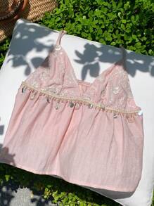 Comfortcana 女士度假花卉刺绣贝壳边吊带背心衬衫