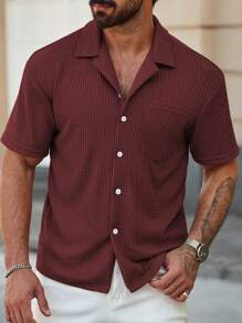 Manfinity Homme 男士纯色简约休闲短袖衬衫男士短袖纽扣衬衫红色男士衬衫 - 酒紅色 - 查看 4
