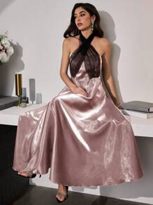 Modelyn Damen langes A-Linien Kleid mit metallischer Schärpe Taillenbindung, elegant