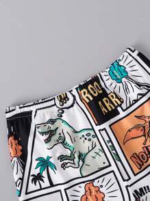 SHEIN Playful Pals 1 套男婴时尚酷炫可爱卡通恐龙涂鸦印花无袖上衣和短裤套装，适合外出和日常穿着，夏季