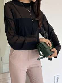 DAZY 高领落肩透视上衣，无抹胸，外出上衣，长袖女式上衣，秋季女装 - 黑色 - 查看 7