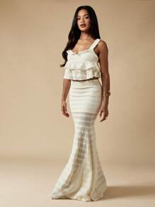 MISSGUIDED Lace Two Piece Set Ruffle Cami Top Maxi Skirt Evening Party Wedding Guest Beach Vacation Summer Dress - Apricot - View 5