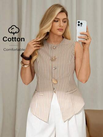 Auralis 大码女式夏季通勤优雅休闲工作办公室商务休闲复古风格金属装饰条纹单排扣上衣，适合外出、工作、办公室、教师、教堂、机场等各种场合。