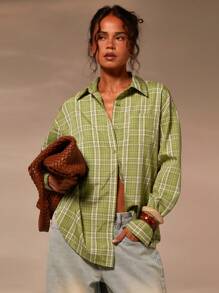 Athîral Chemise décontractée à col casual à carreaux verts pour femmes
