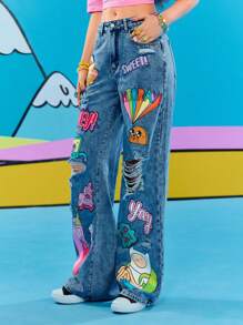 Adventure Time X ROMWE 涂鸦卡通图案宽松牛仔裤 - 藍色 - 查看 5