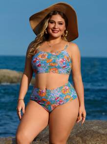 Swim Lushoire Plus Size Casual Cami Bikini Top And Triangle Bottom 2Pcs Swimsuit Set For Summer Beach Vacation