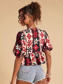 Travachic Women's Red Floral Print Ruffle Cap Sleeve Tie Front Blouse,Boho Summer Vacation Holiday Cute Tops,Casual Fall Shirts For Women - Red and Black - View 2
