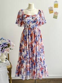 Soleia Đầm Maxi Tay Ngắn In Hoa Voan Cổ Vuông Xếp Ly Ngực Xếp Ly Cỡ Lớn Cho Nữ, Mùa Xuân, Ngày Lễ Tình Nhân, Kỳ Nghỉ - Nhiều màu - Xem 3