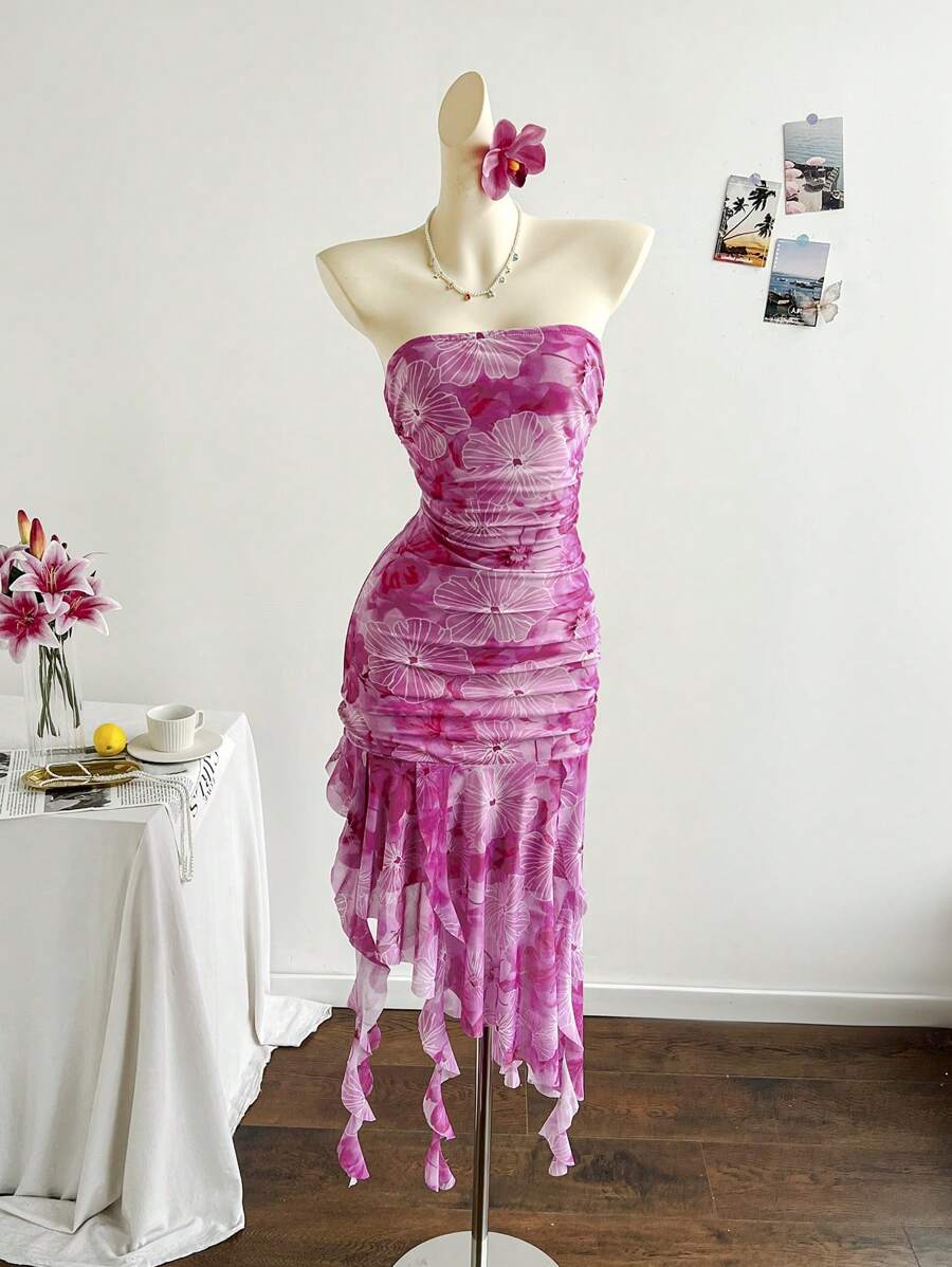 Soleia 浪漫花卉网状荷叶边抹胸连衣裙，适合节日、约会、情人节下午茶 - 彩色 - 查看 1