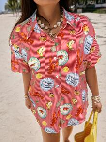 SHEIN EZwear 2 件大码度假休闲条纹海鲜印花衬衫和短裤套装度假 2 件套装海滩 2 件套装