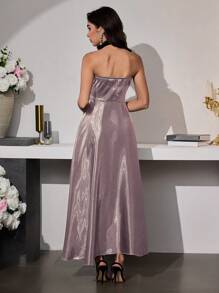 Modelyn Women's Long Metallic Wrap Tie Waist A-Line Dress - Champagne - View 2