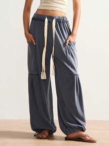 Bohemela Plus Size Drawstring Waist Loose Pocket Wide Leg Pants - Dark Grey - View 2