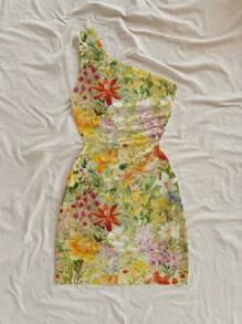 Soleia Vestido mini asimétrico sin mangas con estampado floral colorido para mujer