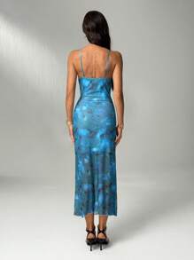 SHEIN Tall 女士夏季度假花卉印花吊带背心连衣裙 - 水鴨藍 - 查看 3