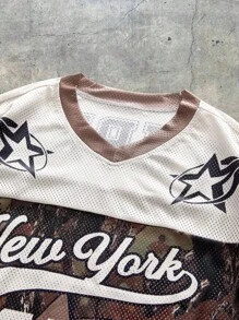 EASEVO Plus Size Men Summer Casual Numeric & Letter Printed Crew Neck Patchwork Short Sleeve T-Shirt, Grunge Style