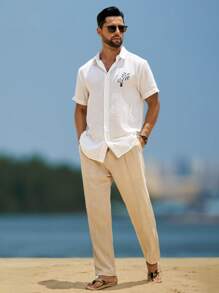 Manfinity Homme 男士夏季度假风格棕榈树印花短袖衬衫 - 白色 - 查看 2