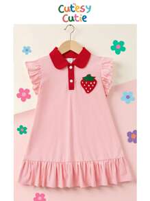SHEIN Young Girl Strawberry Patched Ruffle Trim Dress - Coral Pink - View 1