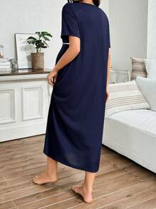 Moonlight&Mama Casual Solid Color Crew Neck Short Sleeve Pregnant Women House Dress Women's Summer Casual Wear Casual Maternity Nightdress - Navy Blue - View 3