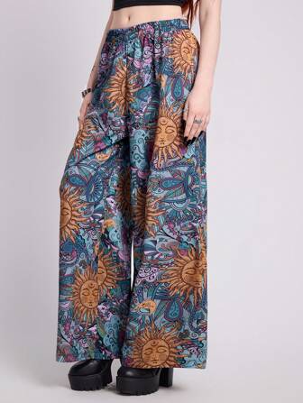 Fairycore Hippie Vacation Vintage Sun Print Loose Straight Leg Casual Women Pants