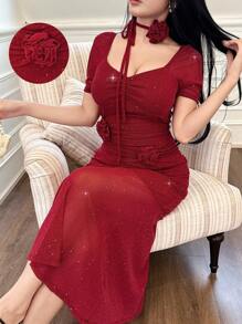 Modelyn Handmade 3D Floral Fitted Mermaid Hem Elegant Dress, Versatile Date Night Essential For Women - Burgundy - View 3