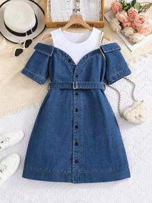 Tween Girls' Casual Color Block Spliced 2 In 1 Dress, Summer - Dark Wash - View 3