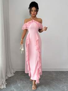 Elenzga Spaghetti Strap Cold-Shoulder Ruffle Hem Waisted Elegant Romantic Women Dress