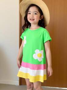 Girls' Casual Comfortable Polka Dot & Petal Pattern Patchwork Round Neck Short Sleeve Dress - Multicolor - View 1