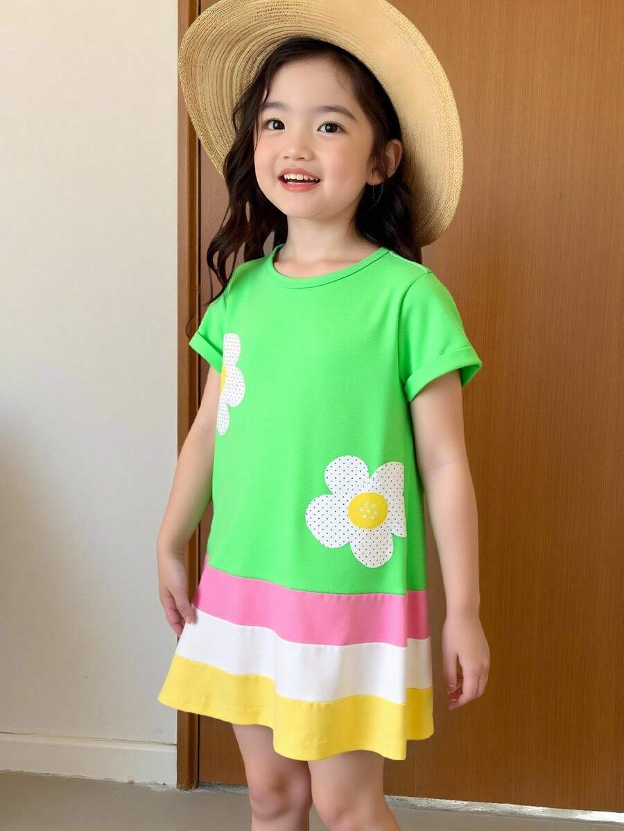Girls' Casual Comfortable Polka Dot & Petal Pattern Patchwork Round Neck Short Sleeve Dress - Multicolor - View 1