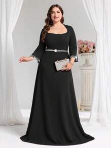 Coutiva Plus Size Beaded Formal Evening Gown With Square Neck Collar - Black - View 1