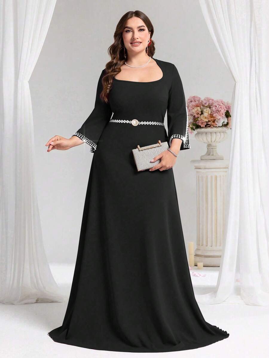 Coutiva Plus Size Beaded Formal Evening Gown With Square Neck Collar - Black - View 1