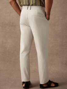 Manfinity Homme Men's Casual Solid Color Drawstring Pocket Pants,White Linen Beige Slacks For Summer,Autumn Off-White Vacation Holiday,Daily Commuting British Style - Apricot - View 2