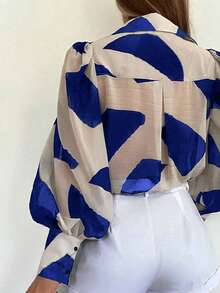 INAWLY Áo cánh tay đèn lồng in họa tiết khối màu thanh lịch dành cho nữ - Xanh đậm - Xem 6