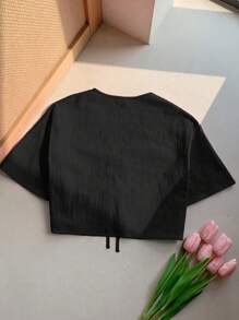 Comfortcana Plus Size Summer Casual Solid Color Front Tie Short Sleeve Shirt Crop Blouse Tie Up Top