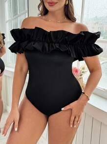 Ellevyn Curve Plus Size Women's Black And White Summer Elegant Cocktail Off-Shoulder Ruffle Bodysuit & Geometric Printed Elastic Waist Trousers Two-Piece Set - Multicolor - View 2