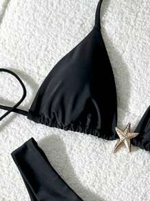 Swim Mod 女士纯色金属装饰吊带性感比基尼套装，夏季 - 黑色 - 查看 3