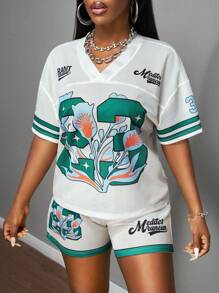 Slaydiva 2025新款夏季休闲街头运动风音乐季机车风绿色23数字标语Logo郁金香复古图案全身印花V领短袖宽松T恤+宽松短裤女 - 杏色 - 查看 4