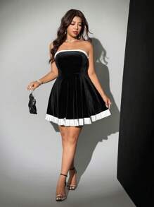 Viva Relle Plus Size Contrast Color Pleated Velvet Elegant Party Dress - Black - View 5