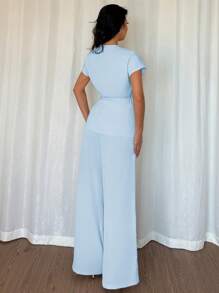 Elenzga 女士优雅裹身蝙蝠袖上衣+宽腿宽松裤两件套，雪纺，适合外出、约会、度假，米色