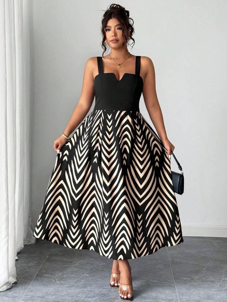 Elenzga Plus Size Summer Elegant Printed Patchwork Cami Dress - Multicolor - View 1