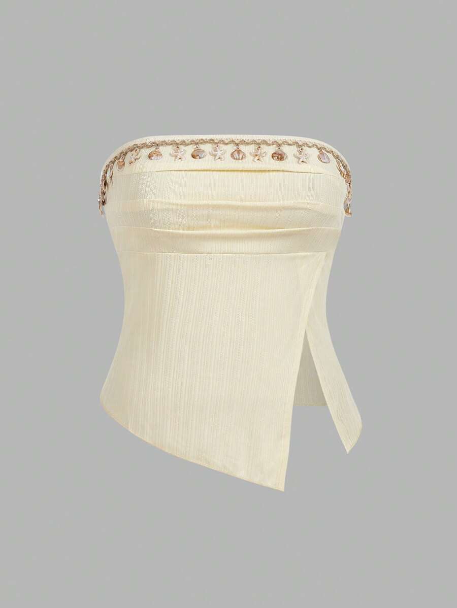 SHEIN MOOSTA 波西米亚不对称流苏吊带短款上衣，露肩，抹胸款式，独特惊艳，适合夏季、海滩、外出、度假 - 黃色 - 查看 1