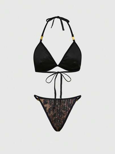 ROMWE Avant Ensemble de soutien-gorge sans fil pailleté léopard pour festival de musique et fêtes pour femmes